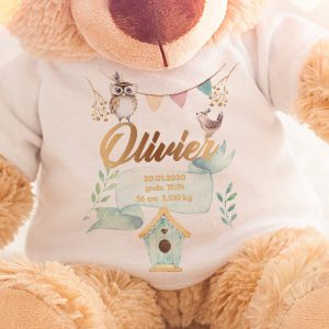 Przytulanka dla dziecka w postaci pluszowego misia. Pluszak ma koszulkę w białym kolorze oraz personalizację i grafikę z uroczą sową.