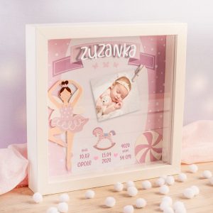 Metryczka dziecieca dla dziewczynki, personalizowana z imieniem, data narodzin, godzina narodzin, waga oraz wzrostem.