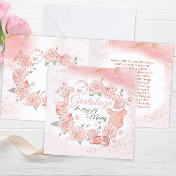 Kartka w różowym kolorze. Prezent na baby shower dla przyszłej mamy.
