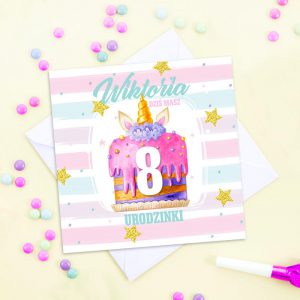 Kartka na urodziny dziecka z różową grafiką. Prezent dla dziewczynki.