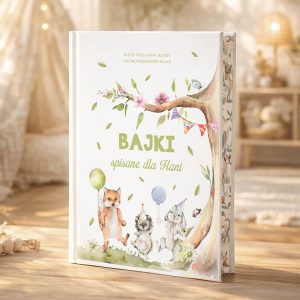 Personalizowana książka z bajkami dla dzieci „Bajki spisane dla Hani” z ilustracją liska, jeżyka i zajączka z balonikami.
