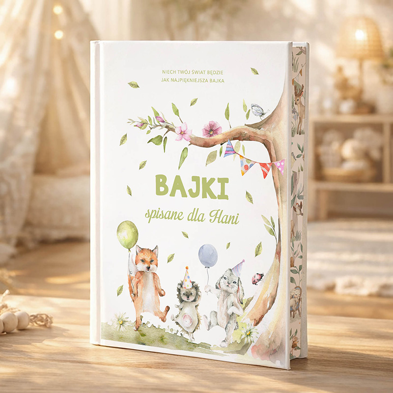 Personalizowana książka z bajkami dla dzieci „Bajki spisane dla Hani” z ilustracją liska, jeżyka i zajączka z balonikami.