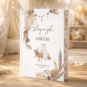 Biała książka z ozdobnym tytułem 'Bajeczki' na okładce, dedykowana Amelce, z ilustracjami roślinnymi i elementami dekoracyjnymi, na tle jasnego, stylowego wnętrza.