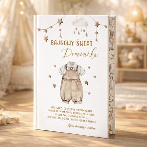 Okładka książki z tytułem "Bajkowy świat Dominika". Na okładce ilustracja ubranka chłopięcego w odcieniach beżu oraz złote napisy. W tle delikatne dekoracje w postaci chmur i gwiazdek, a poniżej tekst życzeń w języku polskim. Otaczające tło jest jasne i przytulne.