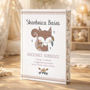 Książka „Skarbnica Baśni” z grafiką lisa na okładce, dedykowana Kornelce z życzeniami od babci Marty.