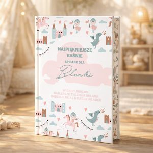 Książka z bajkami dla Blanki z kolorową okładką, przedstawiającą baśniowe postacie i zamki, z życzeniami na urodziny.