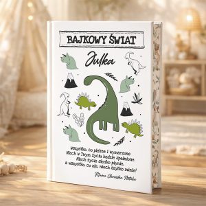 Okładka książki zatytułowanej 'Bajkowy Świat Julka', zdobiona ilustracjami dinozaurów i roślin, z napisem w języku polskim. W tle widoczne elementy dekoracyjnego wystroju wnętrza.