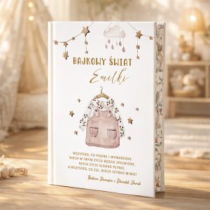 Elegancka okładka książki zatytułowanej 'Bajkowy świat Emilki', z ilustracją różowej sukienki na wieszaku oraz dekoracjami w postaci gwiazd i chmur. Widoczne są także złote litery oraz życzenia dla Emilki na dole okładki.