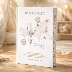 Biała książka zatytułowana 'Bajkowy Świat Stasia', ozdobiona ilustracjami globe'u, balonu na gorące powietrze oraz różnych zwierząt, znajduje się na tle jasno oświetlonego wnętrza, z meblami w stylu rustykalnym.