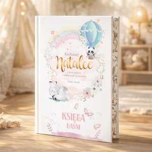 Ilustrowana okładka książki "Księga Baśni" z napisem "Kochanej Natalce z dnia urodzin" oraz kolorowymi grafikami balonów i postaci zwierząt.