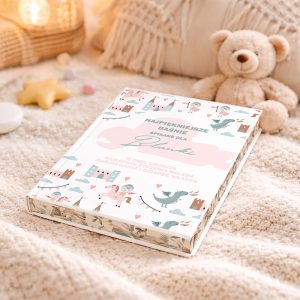 personalizowane-bajki-okladka-z-ksiezniczka Książka "Najpiękniejsze baśnie" w kolorowej okładce leży na miękkim kocyku, obok pluszowego misia i dekoracyjnych gwiazdek.
