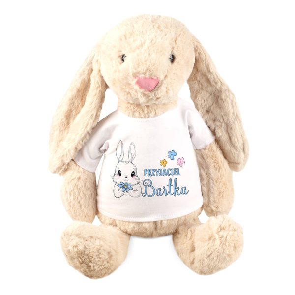 Personalizowany królik z imieniem dziecka i kolorową grafiką na koszulce.