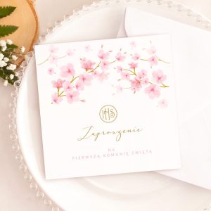 Zaproszenia komunijne na przyjęcie dziewczynki z motywem różowej magnolii.