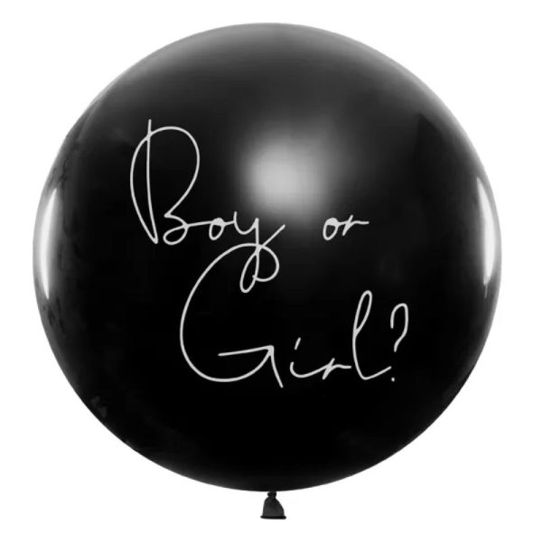 Czarny balon z napisem boy or girl i konfetti w środku.