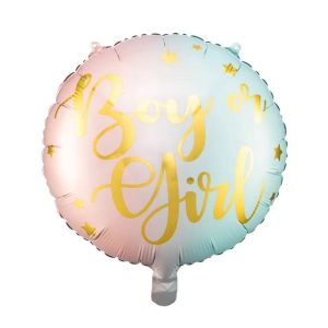Kolorowy balon na gender reveal party ze złotym napisem Boy or Girl.