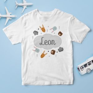 Koszulka dla dziecka z imieniem i zwierzątkami.