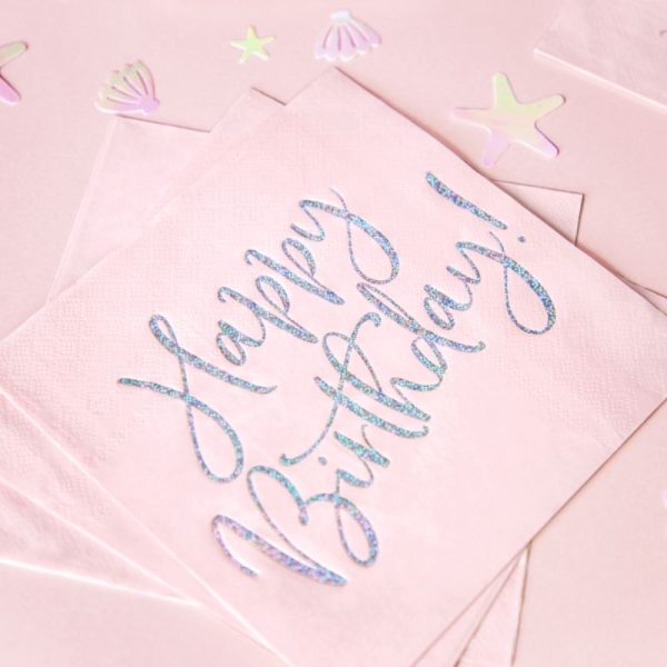 Różowe serwetki z holograficznym napisem happy birthday
