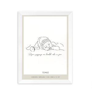 Plakat w białej ramce z imieniem dziecka, metryczką i obrazkiem chłopca, który śpi