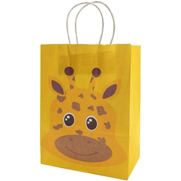 Żółta torebka na prezent z rączką, i uśmiechniętą żyrafą na środku