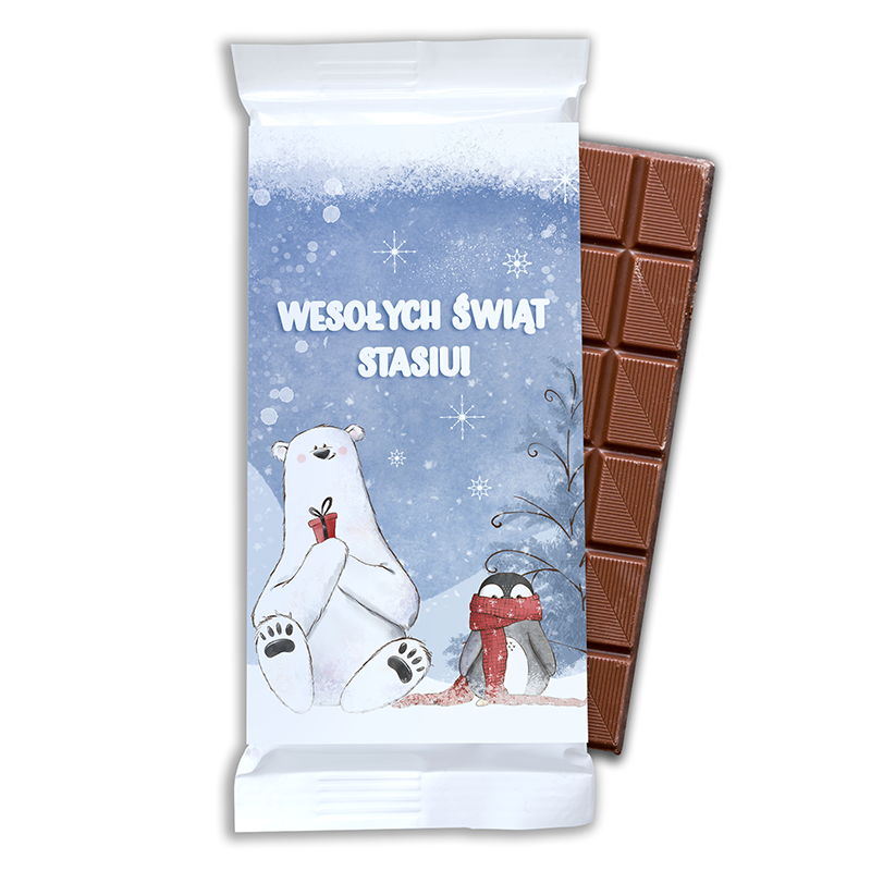 Czekolada w opakowaniu z ilustracją białego misia i pingwina, w tle śnieżyca i zimowe krajobrazy, z napisem 'Wesołych Świąt Stasiu!'