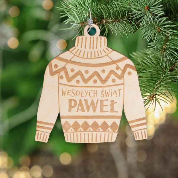 Drewniana zawieszka na choinkę w kształcie zimowego swetra z wygrawerowanym imieniem, świąteczny upominek