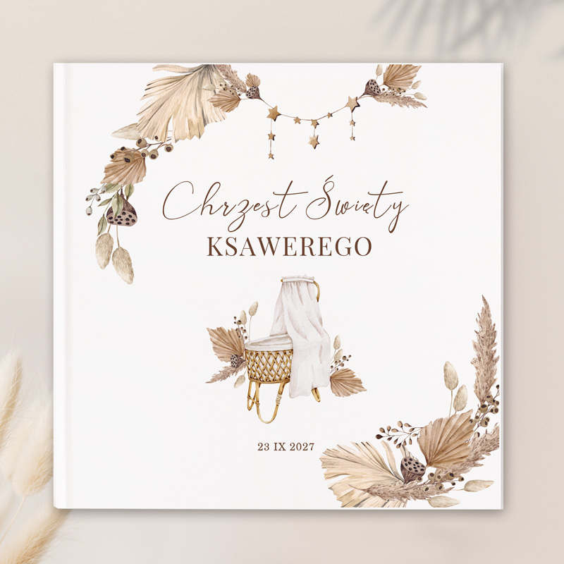 Personalizowana księga gości w motywie boho. Okładka z datą i imieniem dziecka. Dodatek na Chrzest.