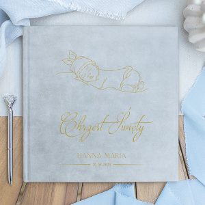 Szara księga welurowa pamiątka chrztu świętego dla dziewczynki, album pamiątkowy
