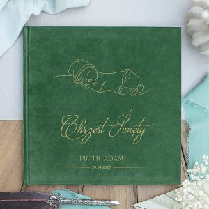 okładka w kolorze butelkowej zieleni, welurowy album-księga pamiątka chrztu świętego dla chłopca, personalizowana okładka