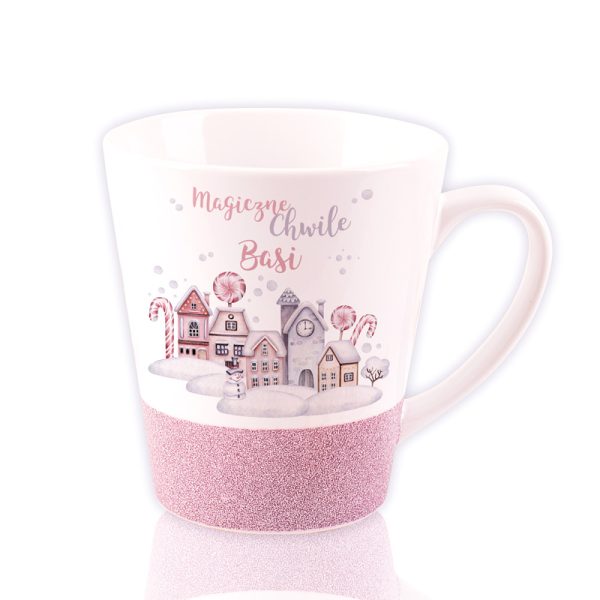 kubek latte peronalizowany z imieniem dziewczynki motyw rozow z brokatem tlo zimowe miasto prezent dla dziewczynki