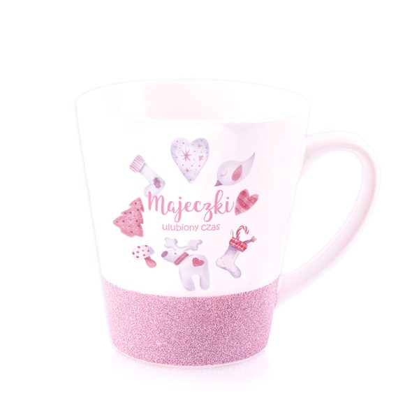 kubek latte ulubiony czas dziewczynki z imieniem personalizowanym rozowy kubek z brokatem i serduszkami