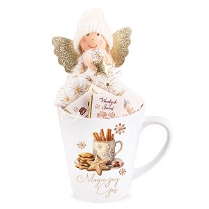 Kubek z aniołkiem w zestawie z czekoladkami na prezent świąteczny