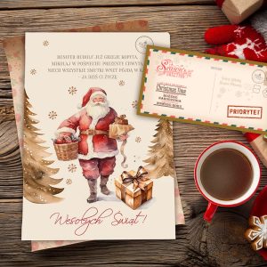 Kartka świąteczna z wizerunkiem Świętego Mikołaja trzymającego kosz z prezentami oraz torbę, otoczona choinkami, z napisem 'Wesołych Świąt!' na dole; w tle znajduje się filiżanka kawy oraz pierniczki.