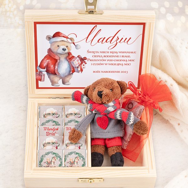 Zestaw prezentowy z personalizowaną kartką z życzeniami na Boze Narodzenie, zestaw z pluszowym misiem i słodkościami