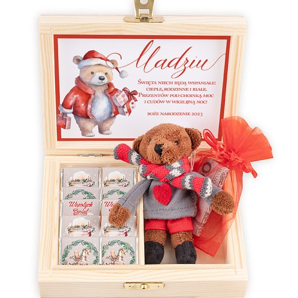 Zestaw prezentowy z personalizowaną kartką z życzeniami na Boze Narodzenie, zestaw z pluszowym misiem i słodkościami