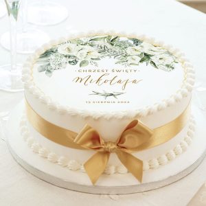 Opłatek na tort z personalizacją imienia dziecka w motywie Białych Kwiatów na Chrzest Święty