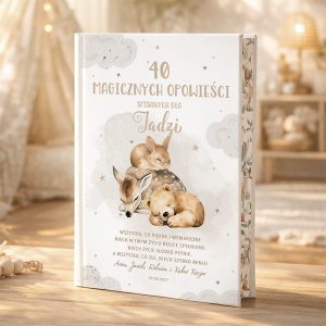 Książka o tytule '40 magicznych opowieści spisanych dla Tadzi' z ilustracjami śpiących zwierząt: liska, jelonka oraz króliczka, na tle jasnych chmur i gwiazd, z datą 02.05.2027 u dołu.