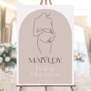 Plakat na baby shower z konturem kobiety w ciąży.