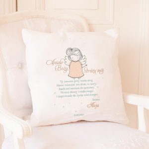 poduszka z modlitwą i wizerunkiem aniołka dla dziewczynki, personalizowany prezent od rodziców chrzestnych na chrzest dziewczynki