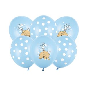 Błękitne balony z grafiką kropeczek i słonika, niebieskie lateksowe balony w zestawie 6 sztuk