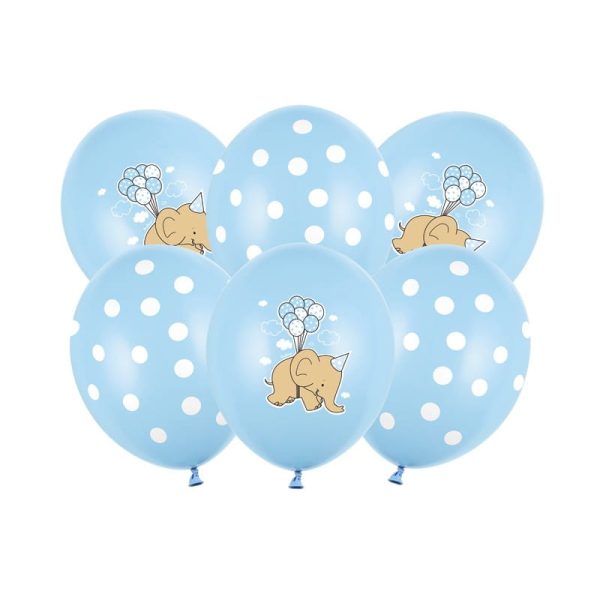 Błękitne balony z grafiką kropeczek i słonika, niebieskie lateksowe balony w zestawie 6 sztuk