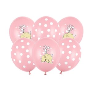 Różowe balony w zestawi 6 sztuk i grafiką słonika, dekoracyjne balony na dziecięce przyjęcia, które można napełnić helem lub powietrzem