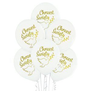 Zestaw 6 sztuk balonów dekoracyjnych na Chrzest Święty motywem złotego gołąbka, balony na Chrzest Święty