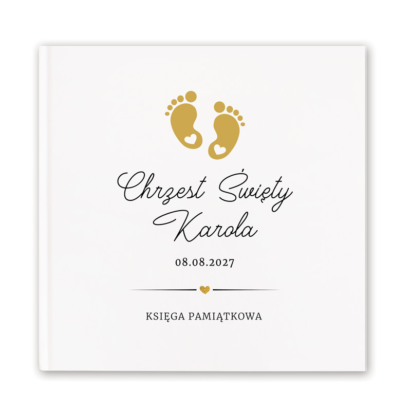 Okładka książki pamiątkowej z napisem 'Chrzest Święty', datą oraz odciskami stóp na białym tle.