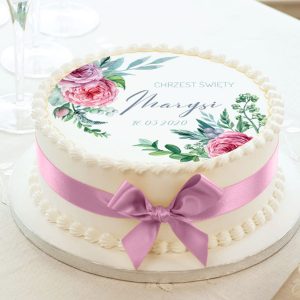 Opłatek na tort, dekoracja tortu na Chrzest Śięty z personalizacją imienia dziecka w motywie różowych kwiatów i zielonych listków