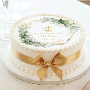 Opłatek na tort na Chrzest Święty z symbolami chrztu i personalizacją daty uroczystości oraz imienia dziecka