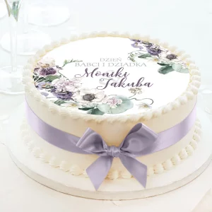Dekoracyjny opłatek na tort na dzień Babci i Dziadka, fioletowa dekoracja na tort z personalizacją imion Dziadków