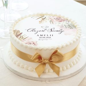 Opłatek dekoracyjny na tort z personalizacją imienia i datą uroczystości z kolekcji Neutral i motywem gołąbka