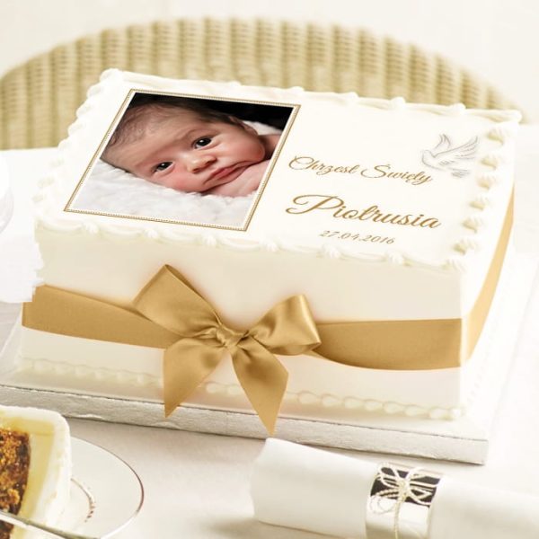 Prostokątny opłatek na tort ze zdjęciem dziecka na Chrzest Święty