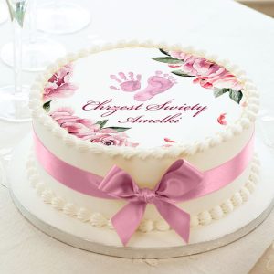 Opłatek dekoracyjny na tort z różowymi odciskami stópki i rączki, w motywie rówych kwiatów i personalizacją