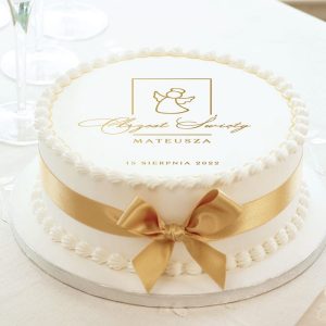 Opłatek dekoracyjny na tort z okazji Chrztu Świętego z personalizacją imienia i datą uroczystości w motywie Anioła Stróża